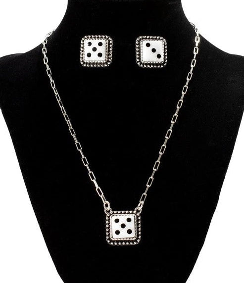 SILVER STRIKE DICE NECKLACE AND EARRING SET