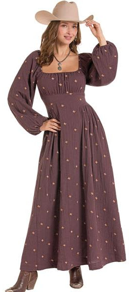 ROCK N ROLL DENIM WOMEN'S WINE EMBROIDERED WESTERN DRESS