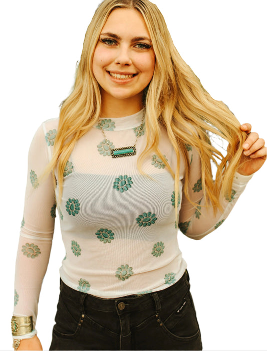 LADIES IVORY TURQUOISE CONCHO MESH TOP in PLUS SIZE