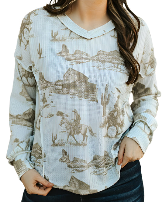 BEIGE DESERT PRINT V-NECK WAFFLE TOP