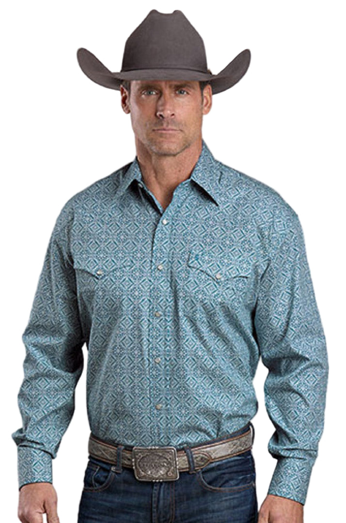 STETSON TEAL TILE MEDALLION PRINT PEARL SNAP SHIRT