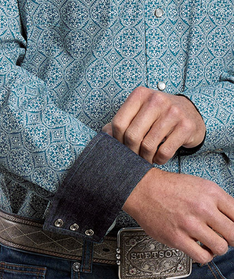 STETSON TEAL TILE MEDALLION PRINT PEARL SNAP SHIRT