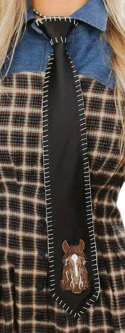 BLACK EMBROIDERED HORSE TIE W/ WHIPSTITCH BORDER