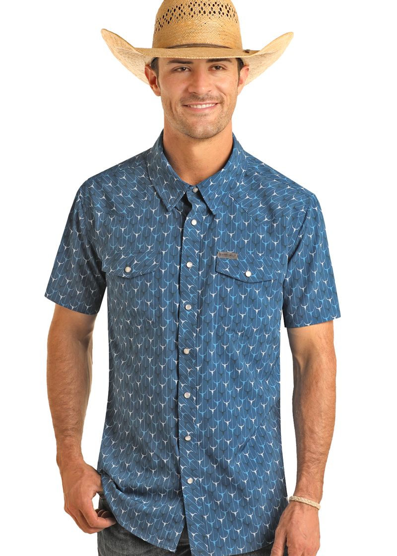 ROCK & ROLL MEN'S 2 POCKET SHORT SLEEVE LONGHORN SNAP SHIRT - BLUE