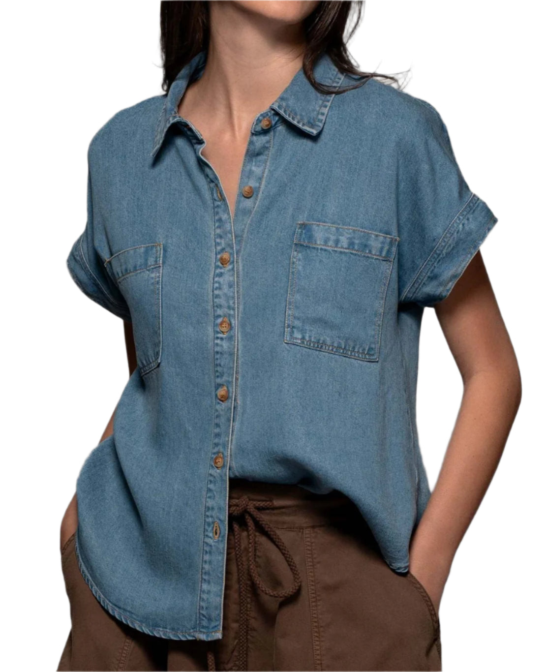 SHORT SLEEVE LYOCELL DENIM BUTTON UP SHIRT