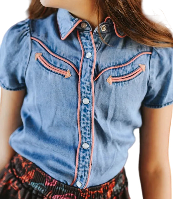 GIRL'S MID WASH DENIM PUFF SHORT SLEEVE WESTERN PEARL SNAP SHIRT