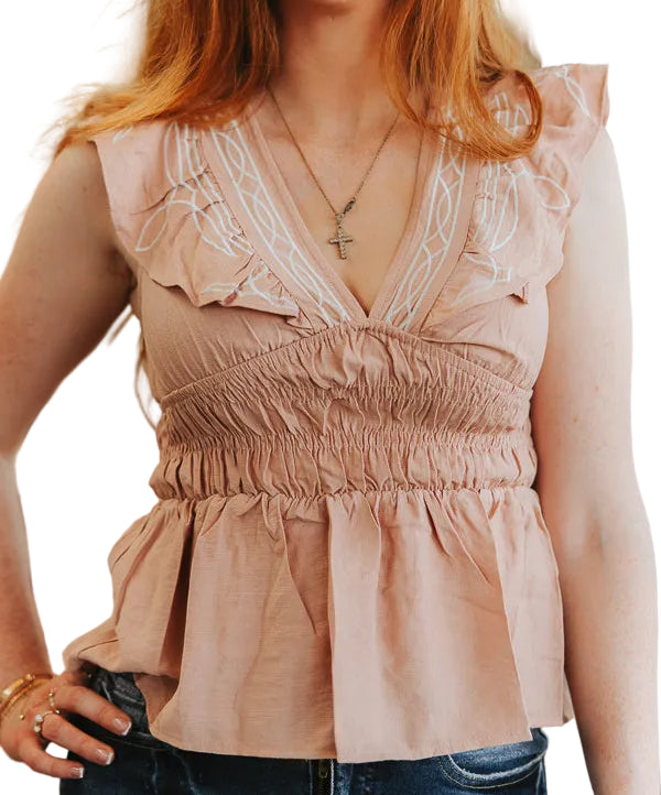 PEACH BOOTSTITCH EMBROIDERED RUFFLE SLEEVE BLOUSE