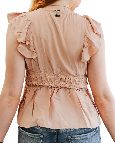 PEACH BOOTSTITCH EMBROIDERED RUFFLE SLEEVE BLOUSE