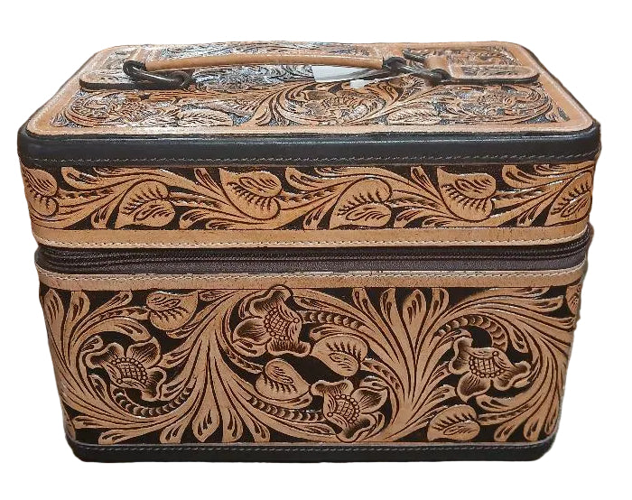 HAND TOOLED LEATHER JEWELRY and MAKEUP TRAVEL CASE