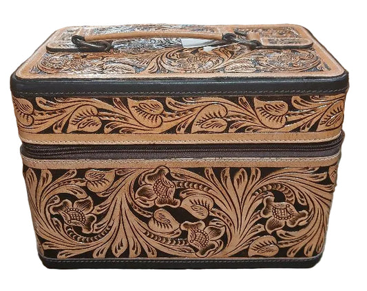 HAND TOOLED LEATHER JEWELRY and MAKEUP TRAVEL CASE
