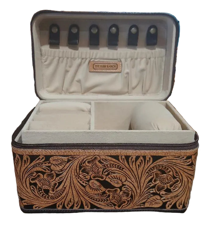 HAND TOOLED LEATHER JEWELRY and MAKEUP TRAVEL CASE