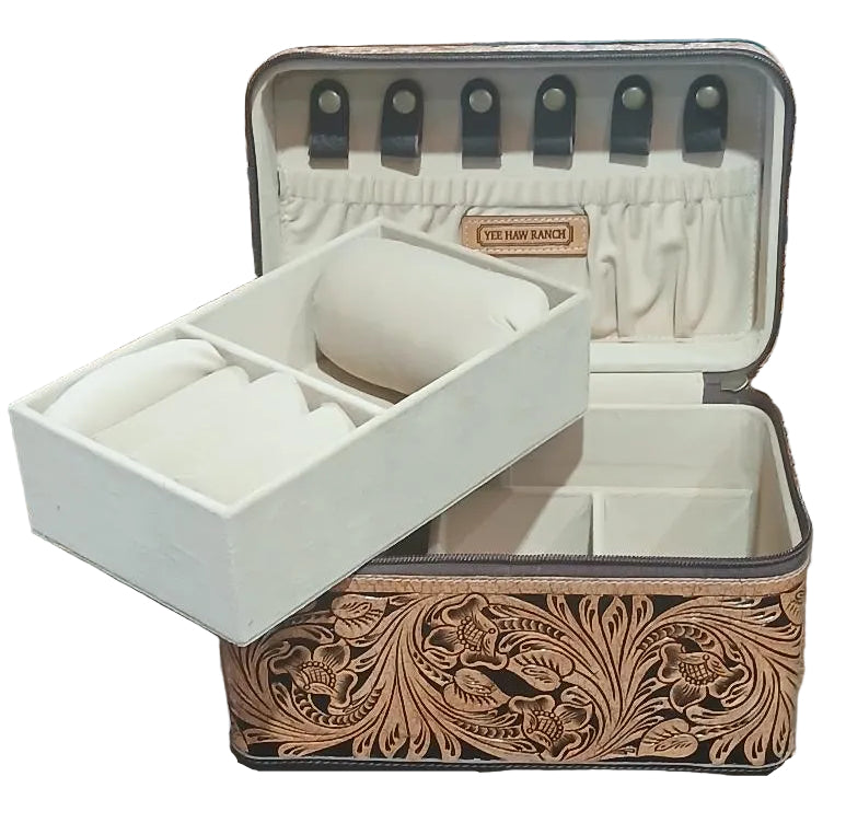 HAND TOOLED LEATHER JEWELRY and MAKEUP TRAVEL CASE