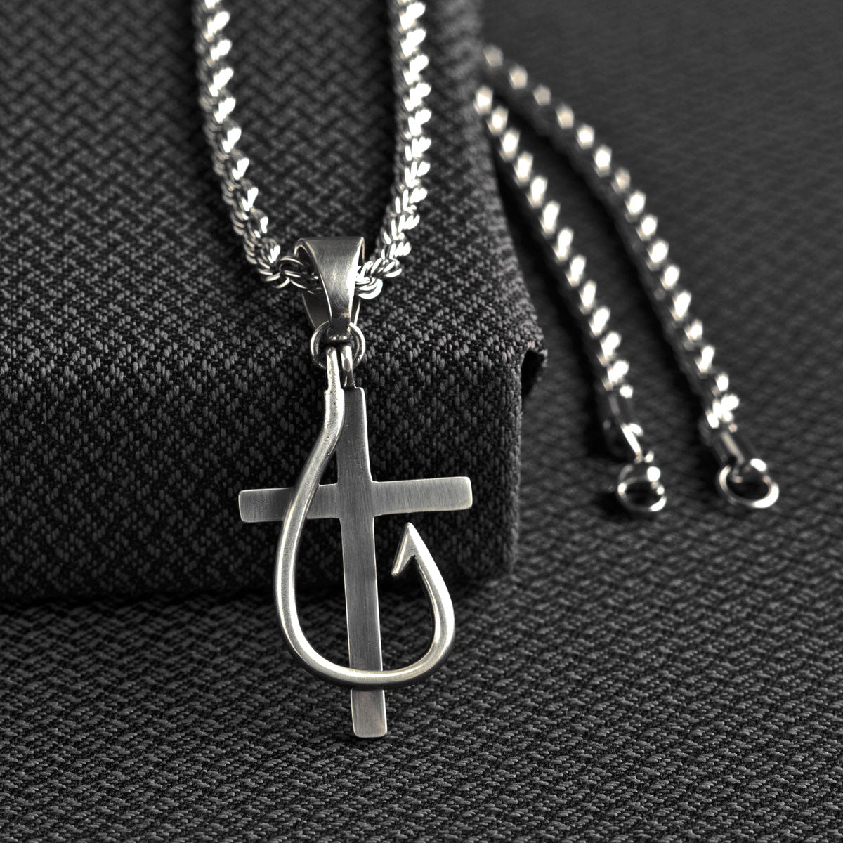 TWISTER MEN'S FISH HOOK CROSS NECKLACE