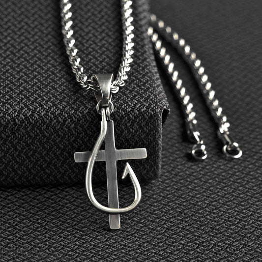 TWISTER MEN'S FISH HOOK CROSS NECKLACE