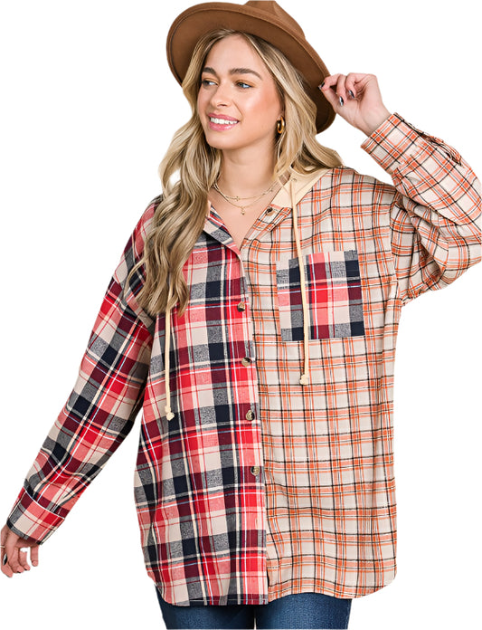 PLUS SIZE PLAID MIX BUTTON DOWN HOODIE