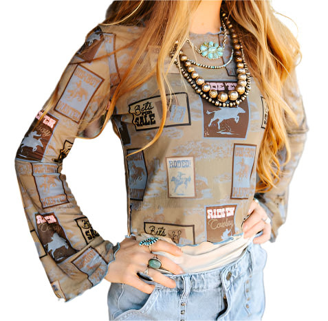 WESTERN BELLE BELL SLEEVE MESH TOP