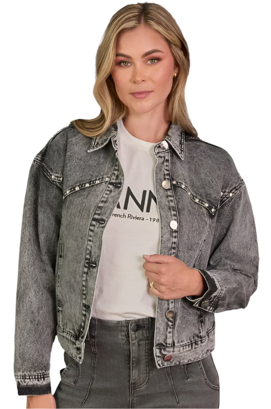 LADIES WESTERN STUDDED DENIM JACKET - BLACK WASH