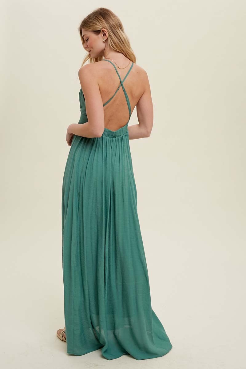 RUCHED PADDED BUST HALTER MAXI DRESS in PISTACHIO