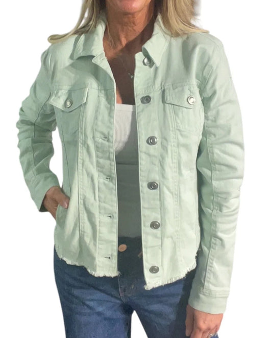 LADIES DENIM FRAY HEM JACKET - LIGHT GREEN