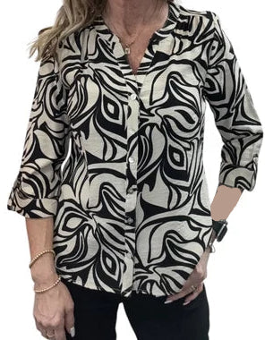 ABSTRACT LEAF PRINT 3/4 ROLL SLEEVE BLOUSE in BLACK