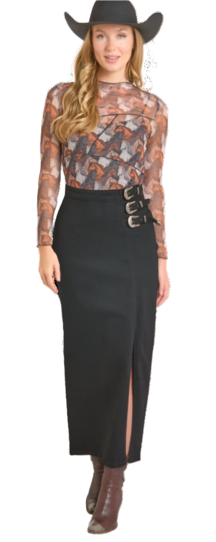 ROCK & ROLL WOMEN'S BLACK DENIM BUCKLE DETAIL SKIRT