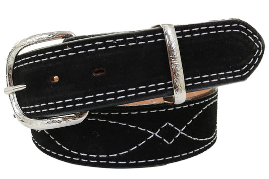 BLACK SUEDE BELT WITH WHITE STITCHING