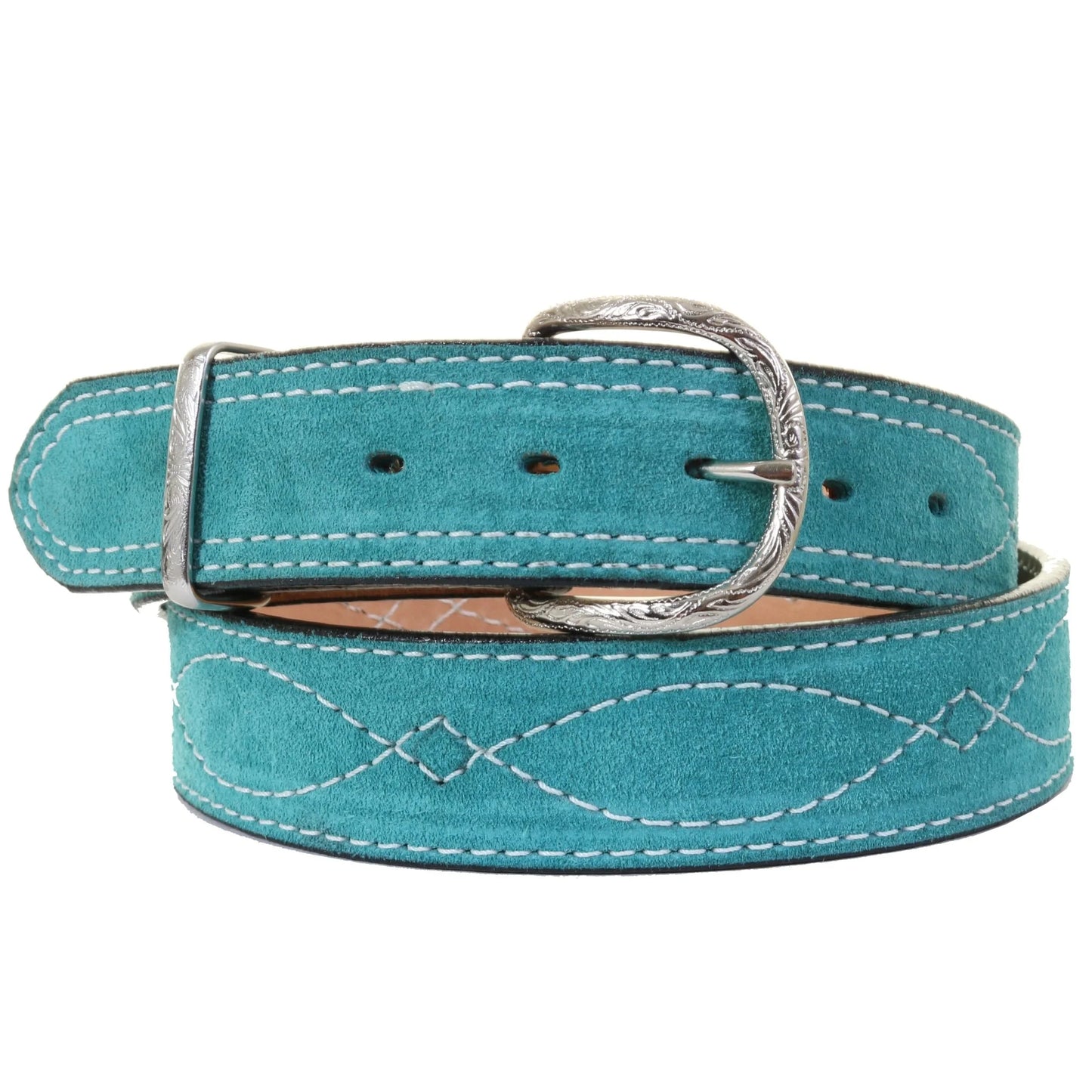 LADIES' TURQUOISE SUEDE BELT WITH WHITE STITCHING