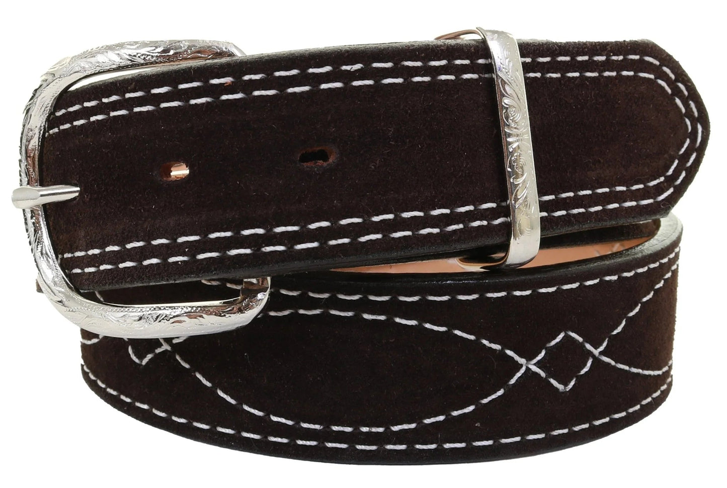 BROWN SUEDE BELT WITH WHITE STITCHING