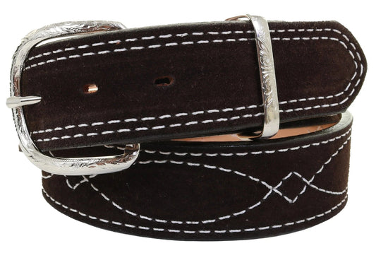 BROWN SUEDE BELT WITH WHITE STITCHING