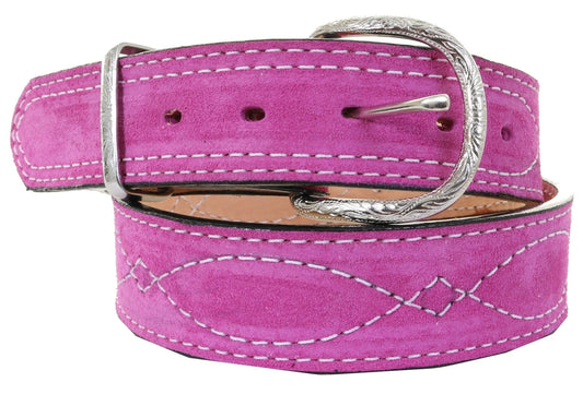 LADIES' HOT PINK SUEDE BELT WITH WHITE STITCHING