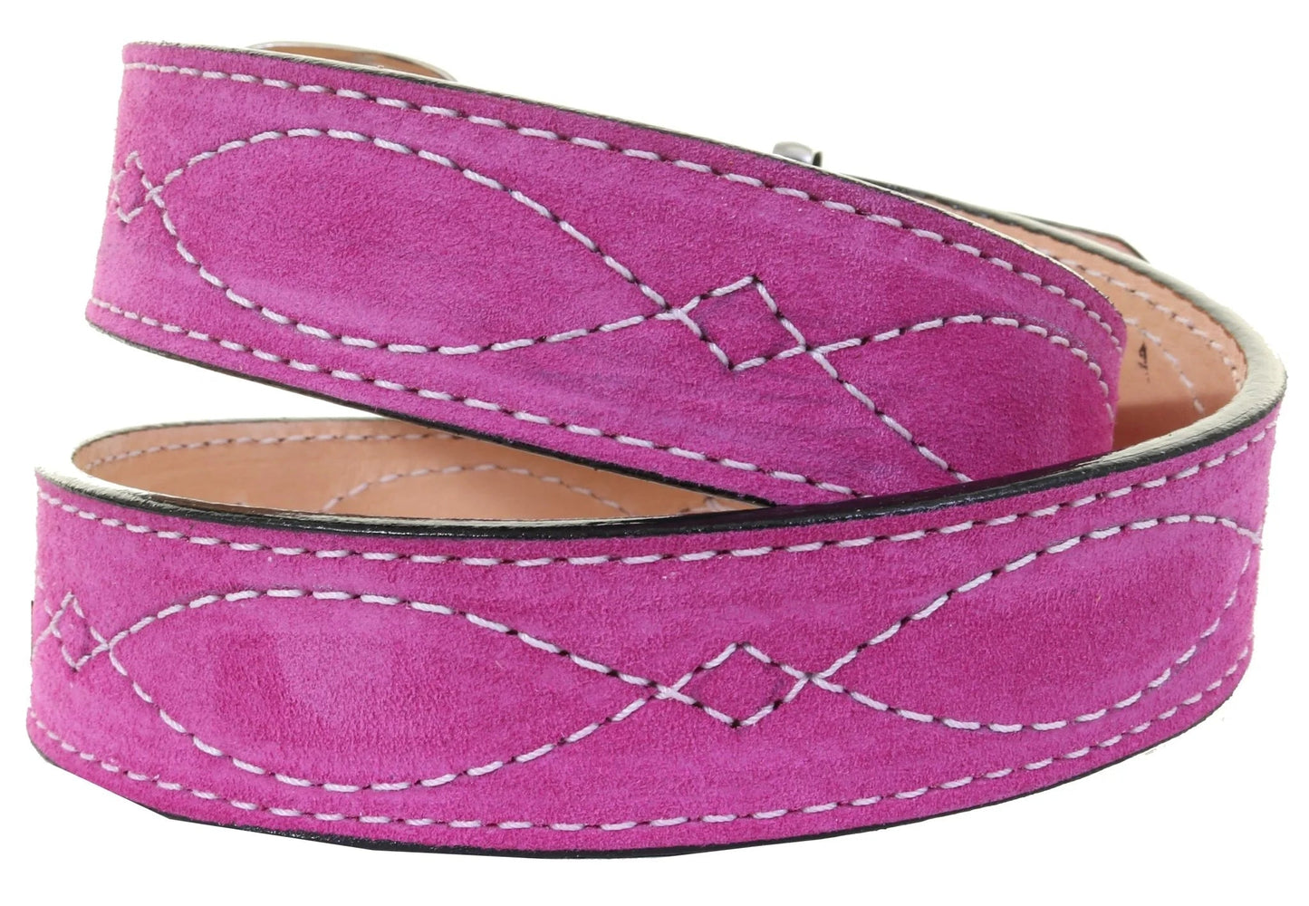 LADIES' HOT PINK SUEDE BELT WITH WHITE STITCHING