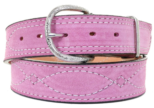 LADIES' PINK SUEDE BELT WITH WHITE STITCHING