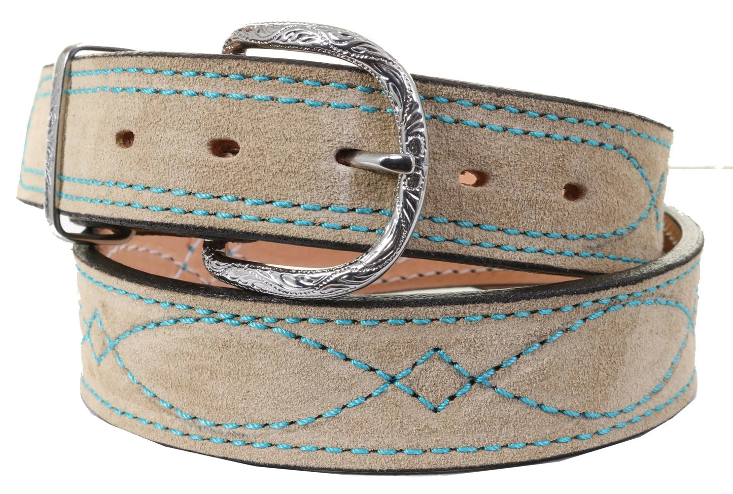 1 1/2" STRAIGHT SUEDE BELT - SAND W/TURQUOISE STITCHING
