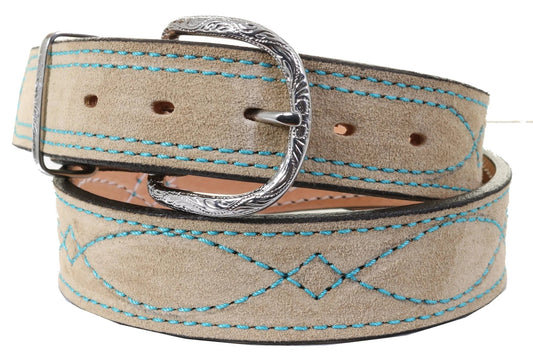 1 1/2" STRAIGHT SUEDE BELT - SAND W/TURQUOISE STITCHING