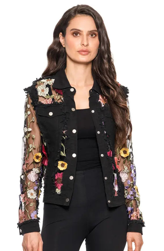 ADORE BLACK DENIM MESH JACKET WITH 3D FLORAL EMBROIDERY