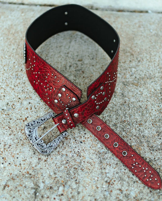 RED TOOLED LEATHER STUDDED WIDE CONCHO BELT