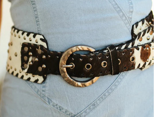 LADIES WIDE COWHIDE BELT WITH STUDS AND CONCHOS