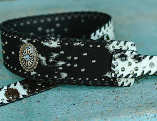 LADIES WIDE COWHIDE BELT WITH STUDS AND CONCHOS