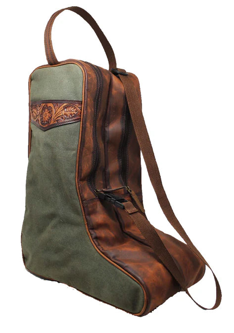 WAXED CANVAS and TOOLED LEATHER BOOT BAG