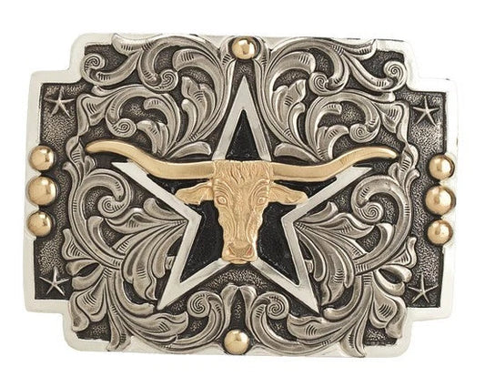 CRUMRINE LONGHORN SCROLL 2 TONE BUCKLE