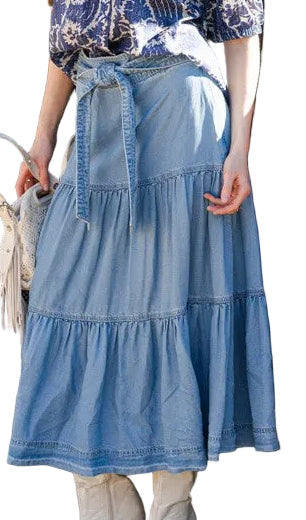 TIERED FRONT TIE MEDIUM WASH CHAMBRAY MIDI SKIRT