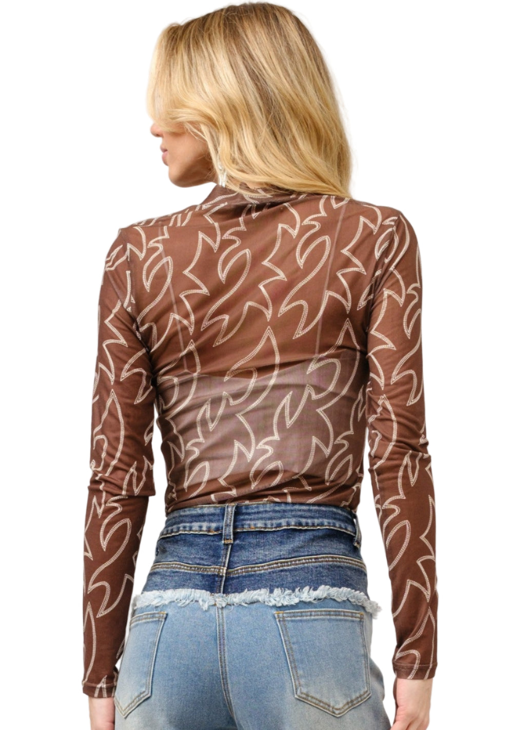 LONG SLEEVE MOCK NECK BOOT STITCH MESH TOP - BROWN