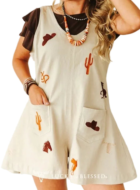 WESTERN MOTIF EMBROIDERED THICK STRAP ROMPER in BEIGE