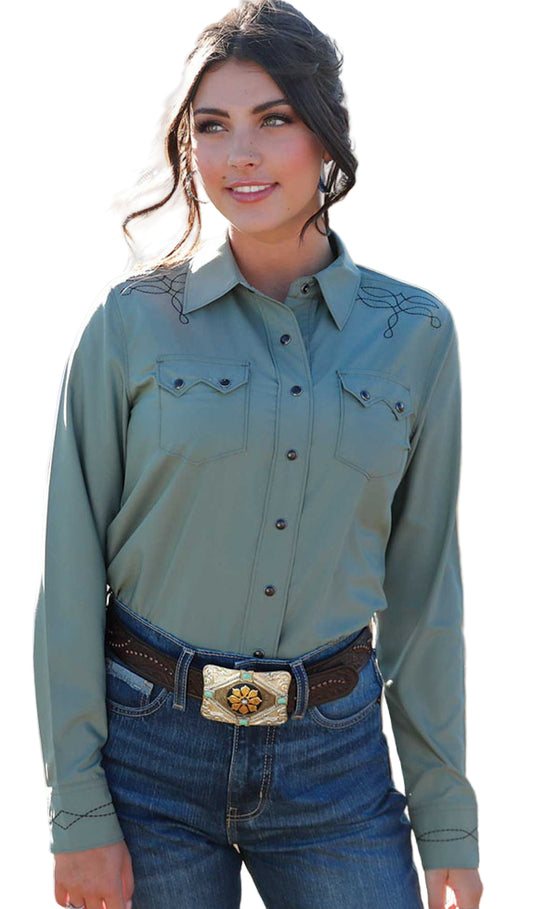 WOMEN'S CRUEL GIRL LONG SLEEVE SOLID GREEN WESTERN BOOTSTITCH SHIRT
