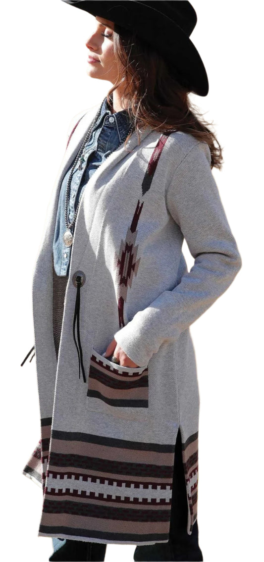 CRUEL WOMEN'S KNIT DUSTER in GREY/BURGUNDY