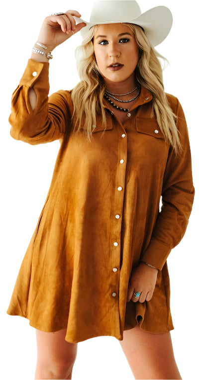 CAMEL SUEDE LONG SLEEVE PEARL SNAP MINI DRESS