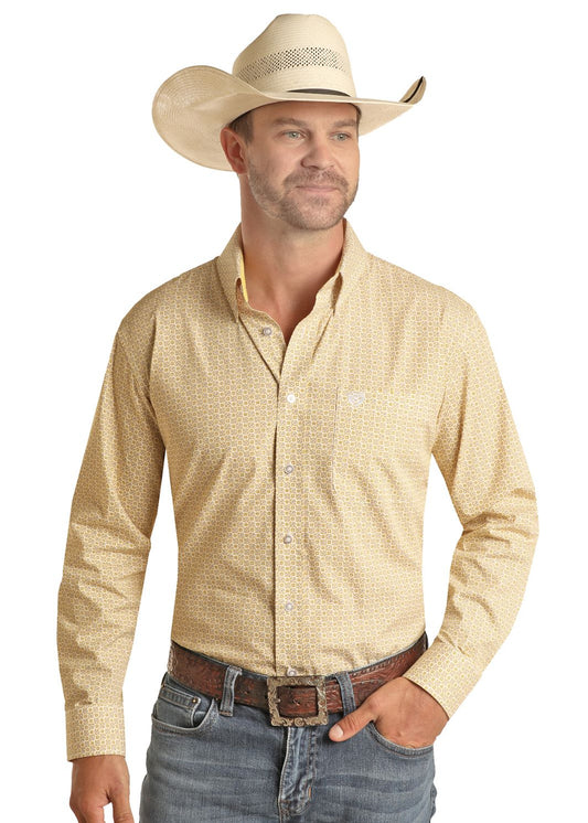 Panhandle Men's Select Geo Poplin Print Long Sleeve Button Down - Gold