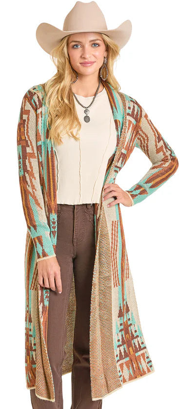 ROCK AND ROLL MULTICOLOR AZTEC PRINT KNIT DUSTER - NATURAL