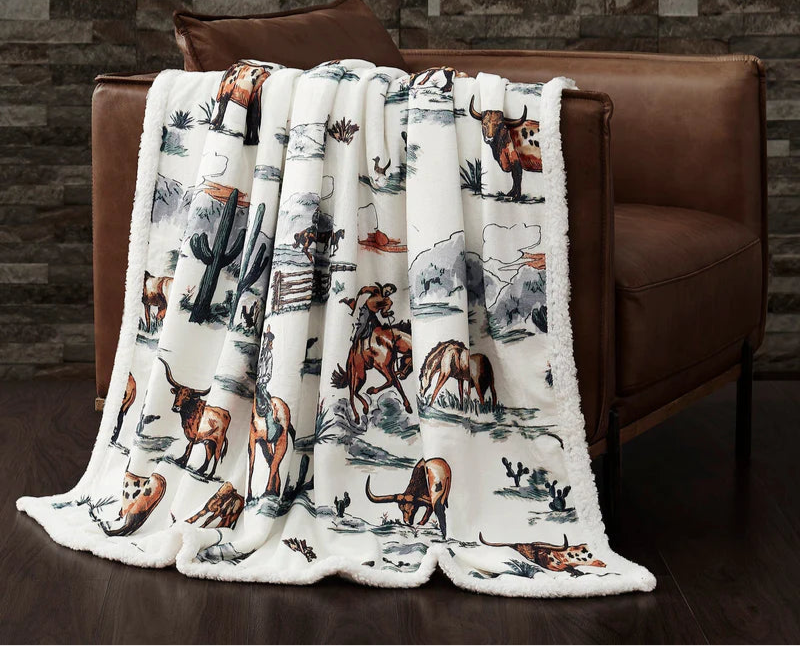 RANCH LIFE WESTERN TOILE CAMPFIRE SHERPA THROW BLANKET