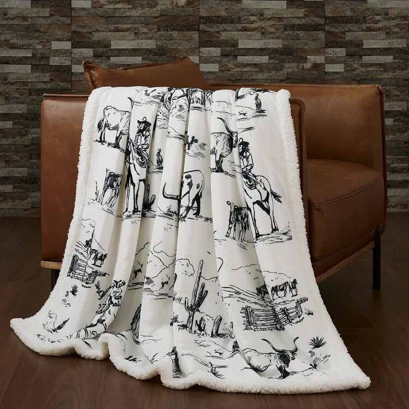 RANCH LIFE WESTERN TOILE CAMPFIRE SHERPA THROW BLANKET